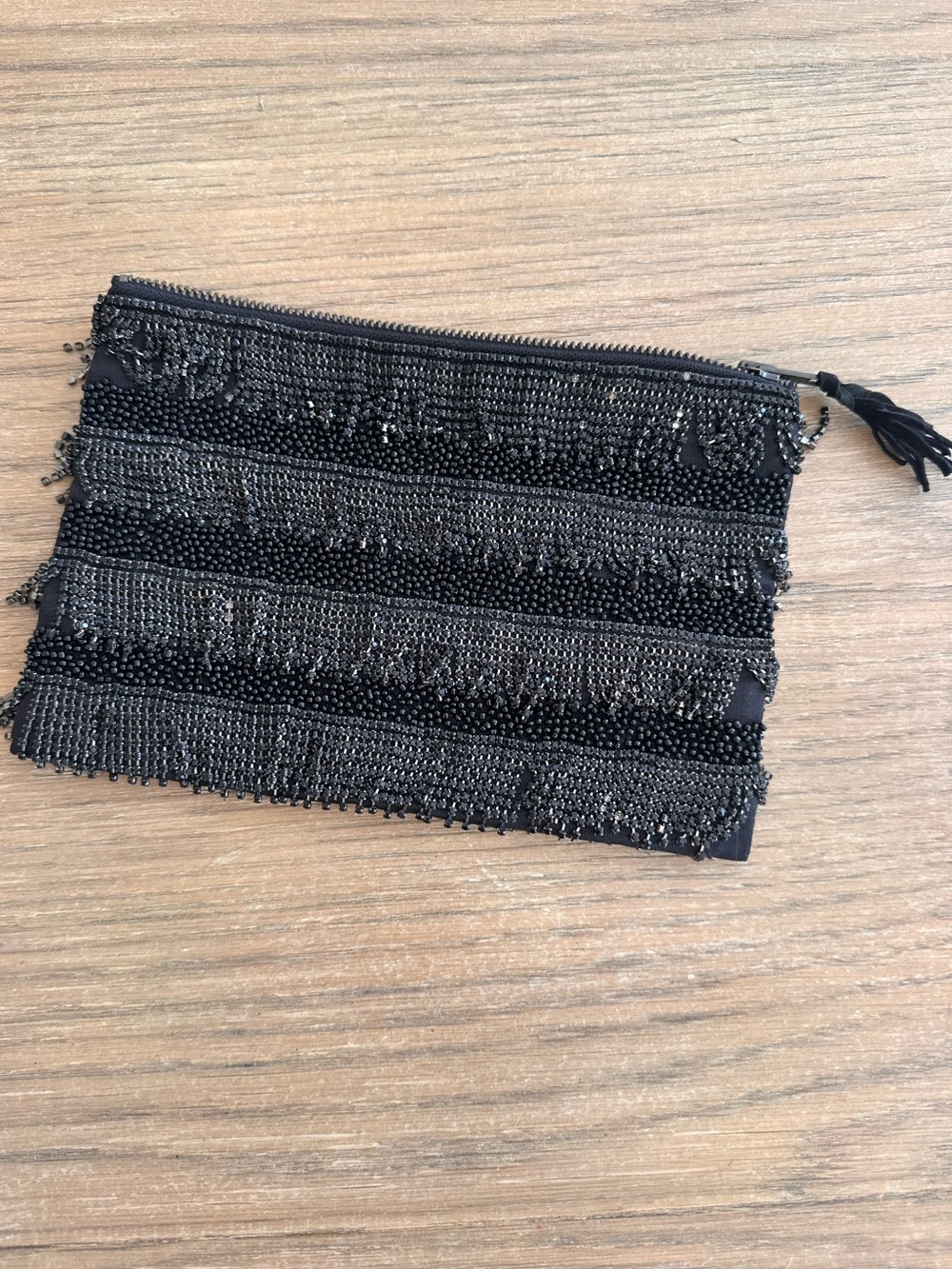 Black Beaded Fringe Clutch Evening Bag Zip Top Tassel